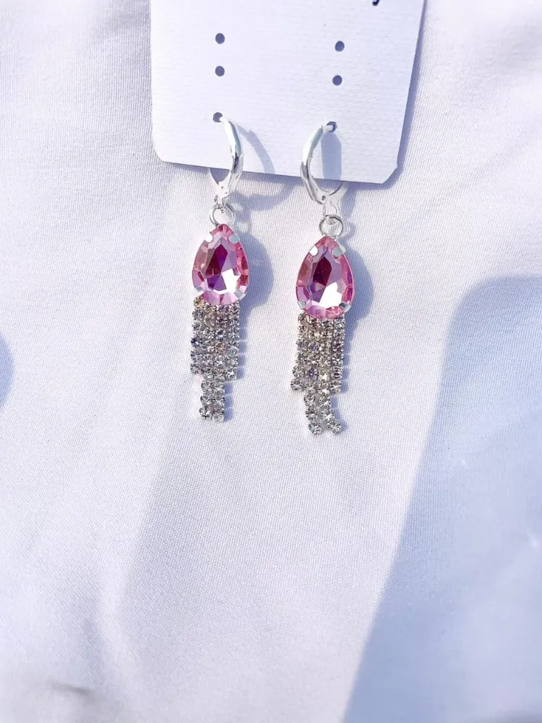 Pink Crystal Drop Tassel Earrings